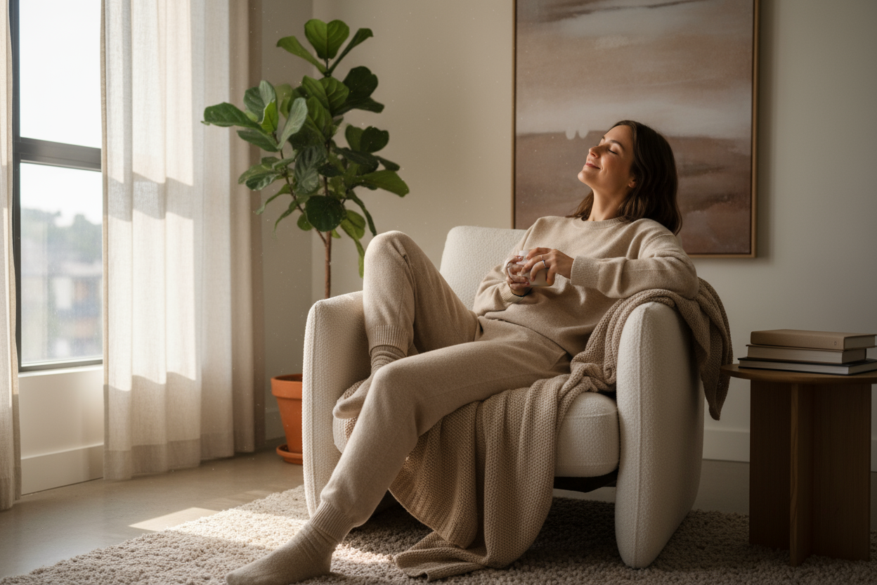 Cute girl posing comfortable clothes at home